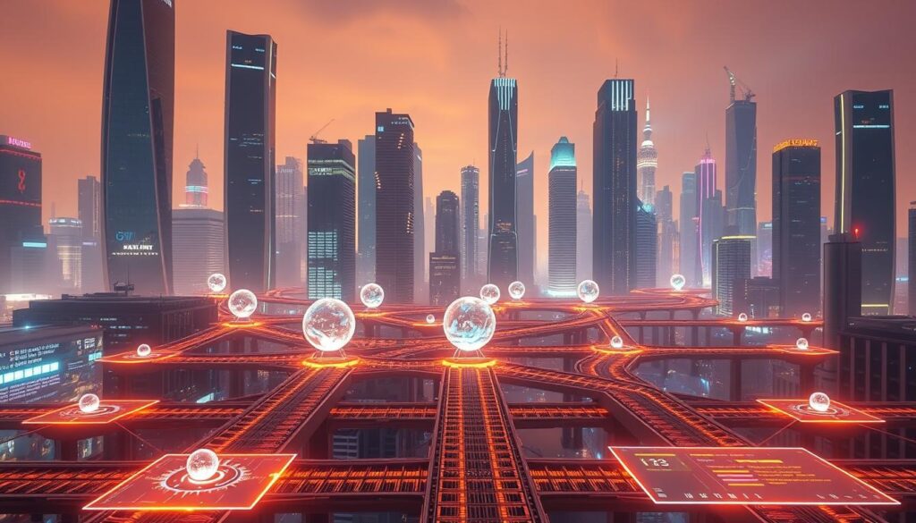 A futuristic cityscape with sleek, towering skyscrapers in the background, their glass facades reflecting the glow of a vibrant, neon-lit skyline. In the middle ground, a series of intricate, interconnected bridges and pathways symbolize the transition from a lower-level testnet environment to the expansive, bustling mainnet. Glowing, translucent orbs float along the bridges, representing the secure, seamless transfer of data and assets. In the foreground, holographic interfaces and touchscreens display real-time analytics, code snippets, and deployment statuses, guiding developers through the migration process. Warm, diffused lighting casts a sense of innovation and progress, while a subtle haze adds depth and atmosphere to the scene.