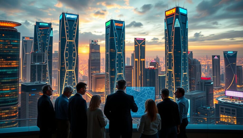 A futuristic cityscape with towering blockchain-inspired skyscrapers, their facades adorned with glowing neon-like patterns. In the foreground, a group of people in business attire gathered around a holographic display, engaged in a lively discussion on blockchain governance trends. The lighting is a mix of warm, ambient hues and cool, futuristic tones, creating an atmosphere of innovation and progress. The perspective is slightly elevated, giving a panoramic view of the scene, with the background fading into a vibrant, tech-infused skyline. A futuristic cityscape with towering blockchain-inspired skyscrapers, their facades adorned with glowing neon-like patterns. In the foreground, a group of people in business attire gathered around a holographic display, engaged in a lively discussion on blockchain governance trends. The lighting is a mix of warm, ambient hues and cool, futuristic tones, creating an atmosphere of innovation and progress. The perspective is slightly elevated, giving a panoramic view of the scene, with the background fading into a vibrant, tech-infused skyline.