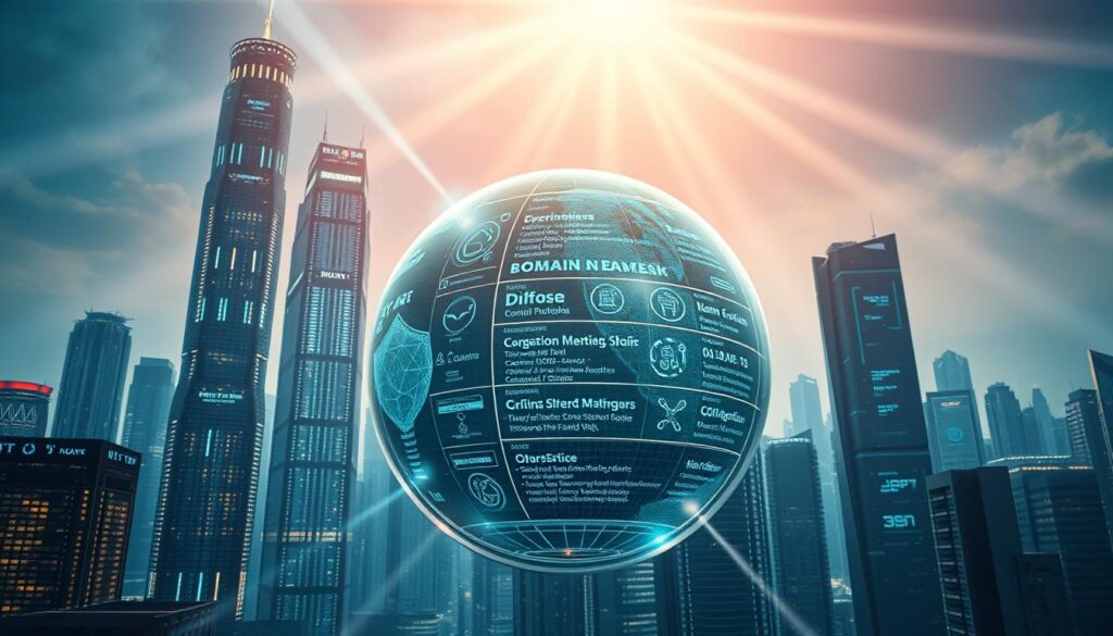 A futuristic cityscape with towering skyscrapers adorned with shimmering holographic displays, showcasing intricate blockchain networks and decentralized applications. In the foreground, a transparent, floating sphere houses a secure, user-friendly interface for managing virtual domain names and NFT assets, seamlessly integrated with a variety of Web3 services. Beams of light crisscross the scene, creating a dynamic, technologically-advanced atmosphere. The sky is a deep, vibrant hue, with rays of sunlight filtering through, illuminating the scene with a sense of progress and innovation. The overall composition evokes a vision of the enhanced utility and interconnectivity of the crypto and Web3 domains. A futuristic cityscape with towering skyscrapers adorned with shimmering holographic displays, showcasing intricate blockchain networks and decentralized applications. In the foreground, a transparent, floating sphere houses a secure, user-friendly interface for managing virtual domain names and NFT assets, seamlessly integrated with a variety of Web3 services. Beams of light crisscross the scene, creating a dynamic, technologically-advanced atmosphere. The sky is a deep, vibrant hue, with rays of sunlight filtering through, illuminating the scene with a sense of progress and innovation. The overall composition evokes a vision of the enhanced utility and interconnectivity of the crypto and Web3 domains.