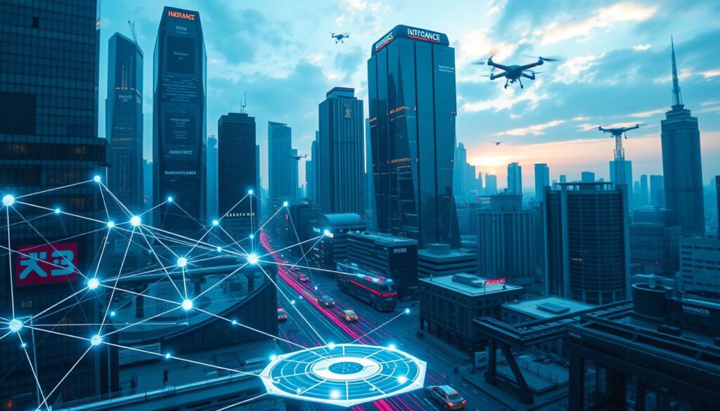 A futuristic cityscape with towering skyscrapers and a network of smart contracts automation overlaying the scene. In the foreground, a complex web of interconnected data flows, smart contracts, and automated insurance processing systems. The middle ground features a blockchain-powered claims processing dashboard with real-time analytics and AI-driven claims adjudication. In the background, a vibrant urban landscape with hover cars, drones, and a gleaming technological infrastructure. The lighting is a cool, blue-tinted hue, conveying a sense of innovation and efficiency. The camera angle is from a low perspective, emphasizing the scale and complexity of the automated insurance ecosystem.