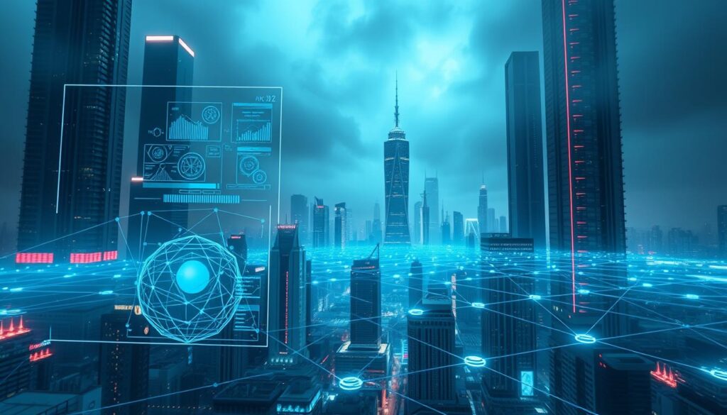 A futuristic cityscape with towering skyscrapers and advanced technological infrastructure. In the foreground, a holographic display showcases complex blockchain algorithms and data visualizations, hinting at the intricate challenges of scalability and performance optimization. The middle ground features a network of interconnected nodes, representing the integration of blockchain with other emerging technologies like AI and IoT. The background is shrouded in a hazy, neon-lit atmosphere, evoking a sense of uncertainty and the need for innovative solutions to overcome the obstacles facing the evolution of blockchain systems. The lighting is moody and dramatic, creating a sense of anticipation and the promise of a transformative future. A futuristic cityscape with towering skyscrapers and advanced technological infrastructure. In the foreground, a holographic display showcases complex blockchain algorithms and data visualizations, hinting at the intricate challenges of scalability and performance optimization. The middle ground features a network of interconnected nodes, representing the integration of blockchain with other emerging technologies like AI and IoT. The background is shrouded in a hazy, neon-lit atmosphere, evoking a sense of uncertainty and the need for innovative solutions to overcome the obstacles facing the evolution of blockchain systems. The lighting is moody and dramatic, creating a sense of anticipation and the promise of a transformative future.