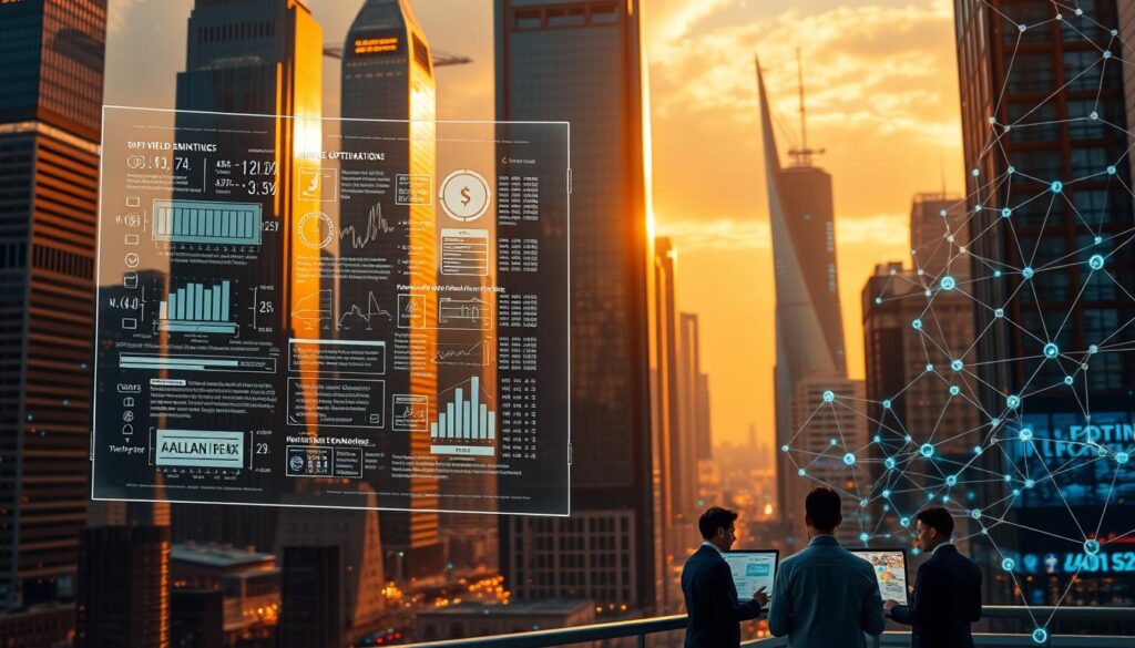 A futuristic cityscape with towering skyscrapers and gleaming glass facades, bathed in warm, golden light. In the foreground, a holographic display showcases complex financial algorithms and data visualizations, representing the intricate world of DeFi yield optimization strategies powered by artificial intelligence. The mid-ground features a group of data scientists and financial analysts, their faces illuminated by the glow of their screens as they meticulously analyze market trends and optimize investment portfolios. In the background, a network of interconnected nodes and data streams symbolize the decentralized, blockchain-based infrastructure underpinning these cutting-edge AI-driven DeFi solutions.