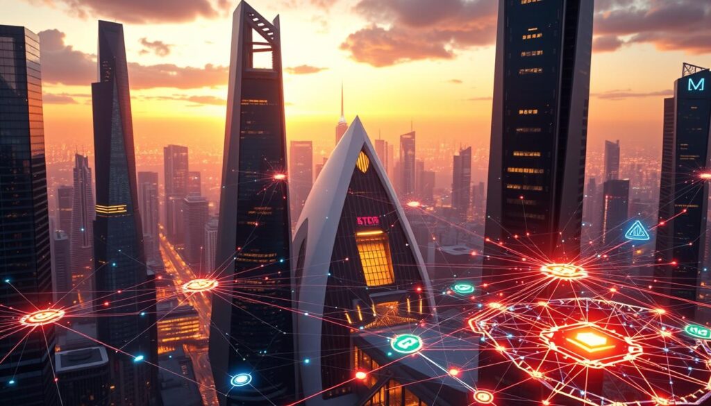 A futuristic cityscape with towering skyscrapers and gleaming, interconnected networks of blockchain communication protocols. In the foreground, holographic interfaces display intricate blockchain data flows, with multicolored lines and symbols pulsing with energy. The middle ground features a sleek, minimalist architecture with angular forms and translucent materials, representing the seamless integration of blockchain technology. The background is a vibrant, neon-lit skyline, suggesting the dynamism and rapid evolution of the blockchain ecosystem. The scene is bathed in a warm, ethereal light, conveying a sense of innovation, progress, and the boundless potential of blockchain interoperability.