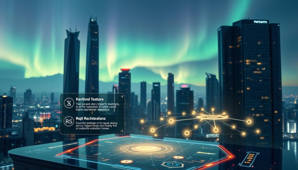 A futuristic cityscape with towering skyscrapers and glowing holographic displays showcasing innovative cryptocurrency technologies. In the foreground, a sleek and stylized user interface hovers over a semi-transparent panel, highlighting key features and functionality enhancements. The middle ground features a network of interconnected blockchain nodes, represented by glowing geometric shapes. In the background, an aurora-like spectrum of light illuminates the sky, creating a sense of technological wonder and advancement. The overall scene conveys a mood of progress, integration, and the seamless fusion of cutting-edge crypto solutions into everyday life.