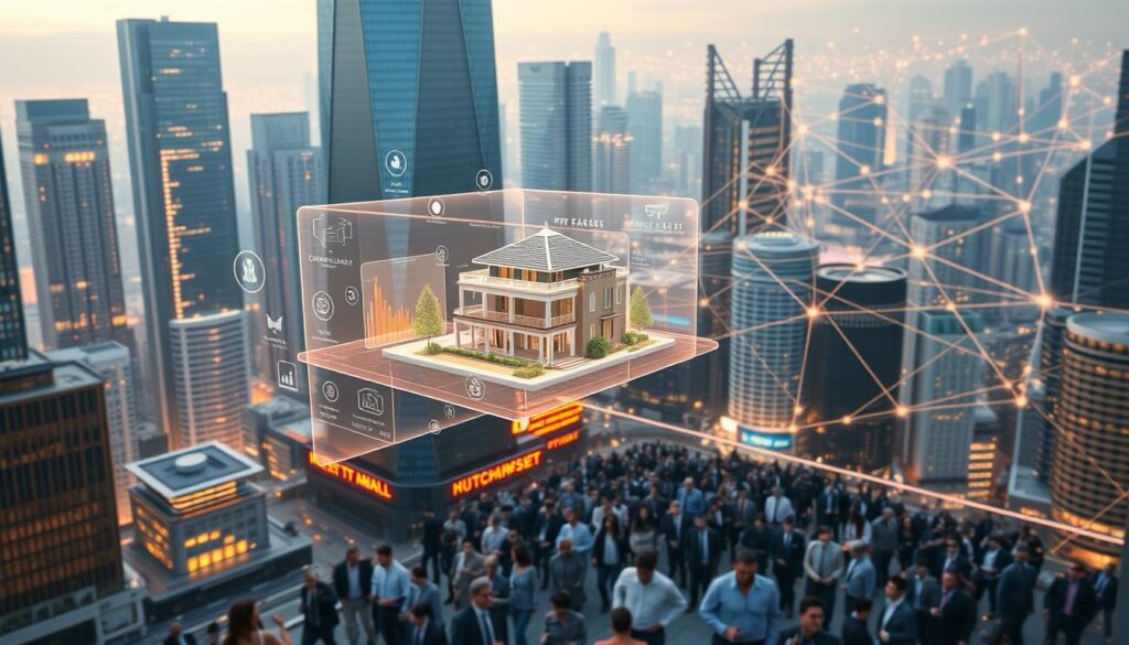 A futuristic cityscape with towering skyscrapers and holographic displays showcasing various tokenized assets. In the foreground, a floating hologram depicts a 3D model of a luxury real estate property, surrounded by glowing icons and data visualizations. The middle ground features a bustling crowd of business professionals engaged in digital transactions, their movements captured in a blur of activity. In the background, a vast and intricate network of blockchain nodes and distributed ledgers underpins the entire scene, casting a warm, ethereal glow across the urban landscape. The overall atmosphere conveys a sense of technological innovation, financial integration, and the transformative power of NFT tokenization.