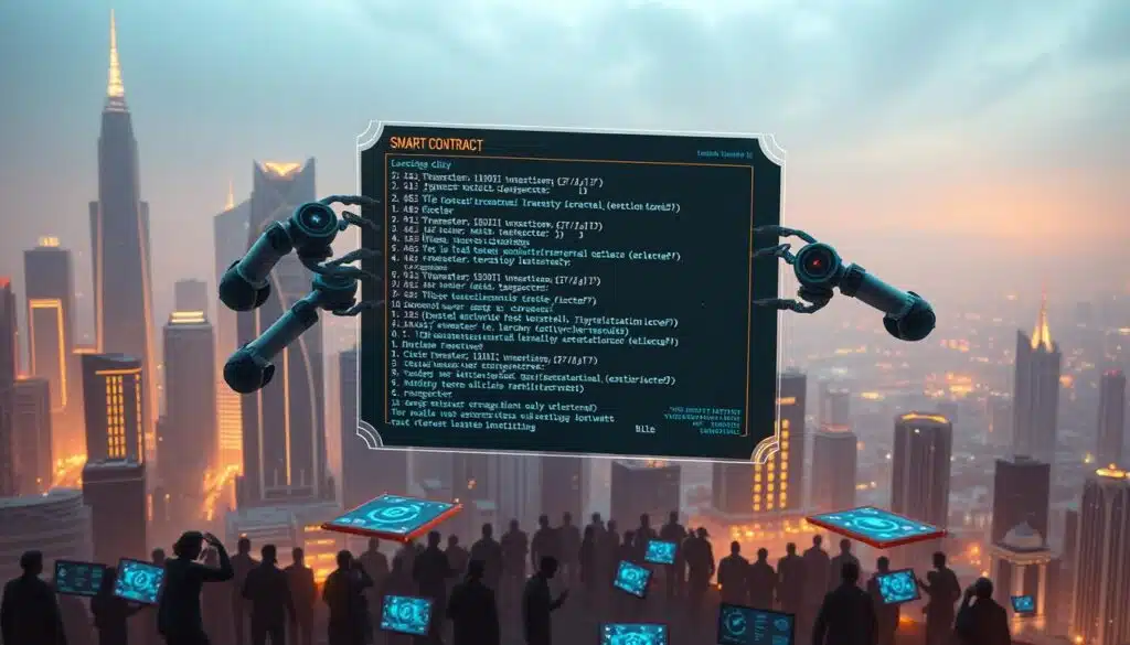 A futuristic cityscape with towering skyscrapers and holographic interfaces, bathed in a warm, neon-tinged glow. In the foreground, a transparent smart contract window hovers, its lines of code pulsing with automated transactions. Robotic arms manipulate digital tokens, seamlessly executing trades and transfers. In the middle ground, a crowd of faceless figures interact with floating screens, monitoring the intricate web of decentralized finance. The background is a hazy, dreamlike expanse, hinting at the vast potential of this automated financial ecosystem.