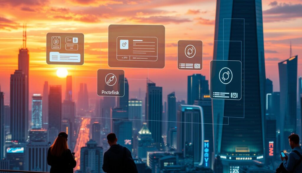 A futuristic cityscape with towering skyscrapers and neon-lit skylines. In the foreground, a floating holographic display showcases different blockchain-based platforms for digital collectibles, each with its own distinct visual identity. The platforms are depicted as sleek, minimalist interfaces with interactive elements, conveying a sense of innovation and technological advancement. The middle ground features a bustling metropolis, with people navigating the digital landscape on their handheld devices. The background is a vibrant, color-saturated sunset, casting a warm glow over the entire scene, creating an atmospheric and visually compelling image that captures the essence of the digital collectibles industry. A futuristic cityscape with towering skyscrapers and neon-lit skylines. In the foreground, a floating holographic display showcases different blockchain-based platforms for digital collectibles, each with its own distinct visual identity. The platforms are depicted as sleek, minimalist interfaces with interactive elements, conveying a sense of innovation and technological advancement. The middle ground features a bustling metropolis, with people navigating the digital landscape on their handheld devices. The background is a vibrant, color-saturated sunset, casting a warm glow over the entire scene, creating an atmospheric and visually compelling image that captures the essence of the digital collectibles industry.