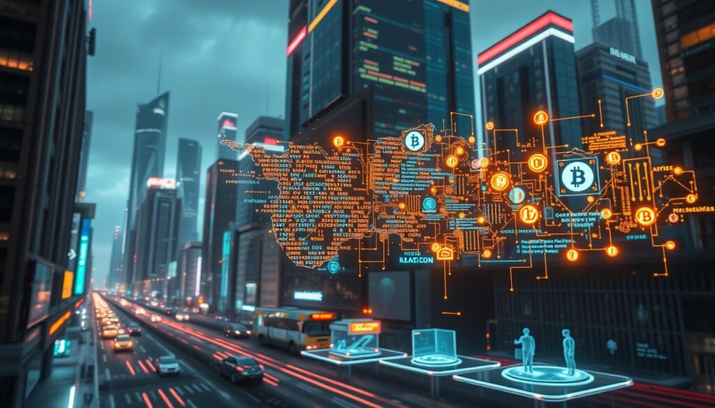 A futuristic cityscape with towering skyscrapers and neon-lit streets, serving as the backdrop for a dynamic display of programming languages intertwined with blockchain technology. In the foreground, an abstract arrangement of glowing code fragments, circuit boards, and cryptocurrency symbols float in a mesmerizing 3D space, casting a warm, technological glow across the scene. The middle ground features holographic interfaces and digital avatars, representing the diverse ecosystem of blockchain-based applications and tools. The lighting is a balance of cool tones from the urban environment and the warm, vibrant hues of the digital elements, creating a sense of harmony between the physical and virtual realms.