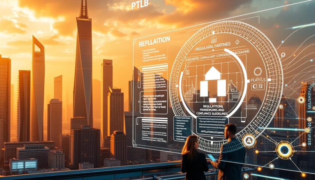 A futuristic cityscape with towering skyscrapers and sleek architectural designs, bathed in a warm, golden glow. In the foreground, a holographic display showcases intricate regulatory frameworks and compliance guidelines, representing the complex landscape of cryptocurrency oversight. The middle ground features a group of business professionals engaged in a discussion, their faces illuminated by the glow of digital devices. In the background, a network of interconnected data streams and blockchain visualizations suggest the technological underpinnings of the crypto ecosystem. The overall atmosphere conveys a sense of innovation, progress, and the need for careful navigation of the evolving regulatory landscape.