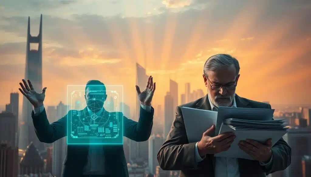 A futuristic cityscape with towering skyscrapers and sleek, high-tech infrastructure. In the foreground, a pair of contrasting figures - an innovative blockchain developer, surrounded by a glowing holographic interface, and a stern-faced government regulator, buried in a stack of paperwork. The developer's hands are raised, gesturing excitedly, while the regulator's brow is furrowed in concentration. The background is bathed in a warm, amber glow, with beams of light piercing through the urban landscape, symbolizing the tension between technological progress and regulatory oversight. The scene is captured with a cinematic, wide-angle lens, emphasizing the scale and complexity of the subject matter.