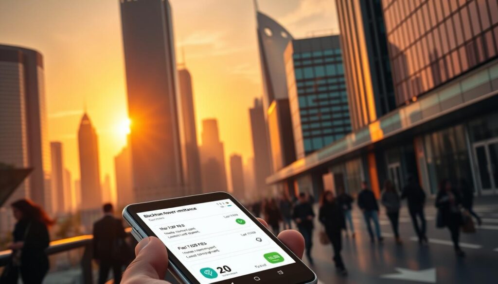 A futuristic cityscape with towering skyscrapers and sleek modern architecture, bathed in a warm, golden glow from the setting sun. In the foreground, a digital wallet or mobile device display is prominently featured, depicting a blockchain-powered remittance transaction with low fees and fast processing times. The background features silhouettes of people hurrying through the streets, representing the global flow of cross-border payments. The scene conveys a sense of technological progress, efficiency, and financial inclusion, with the blockchain technology enabling affordable and accessible remittance services.