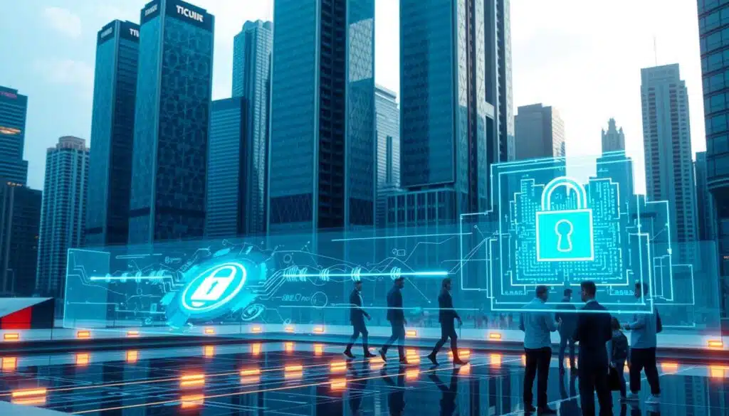A futuristic cityscape with towering skyscrapers in the background, their facades adorned with intricate blockchain-inspired patterns. In the foreground, a holographic display showcases a secure digital transaction, with a digital lock icon signifying the transaction's integrity. The middle ground features a group of people interacting with a transparent blockchain interface, their movements reflected in the sleek surfaces. The scene is illuminated by a soft, warm glow, creating an atmosphere of technological innovation and confidence in the security of blockchain technology.