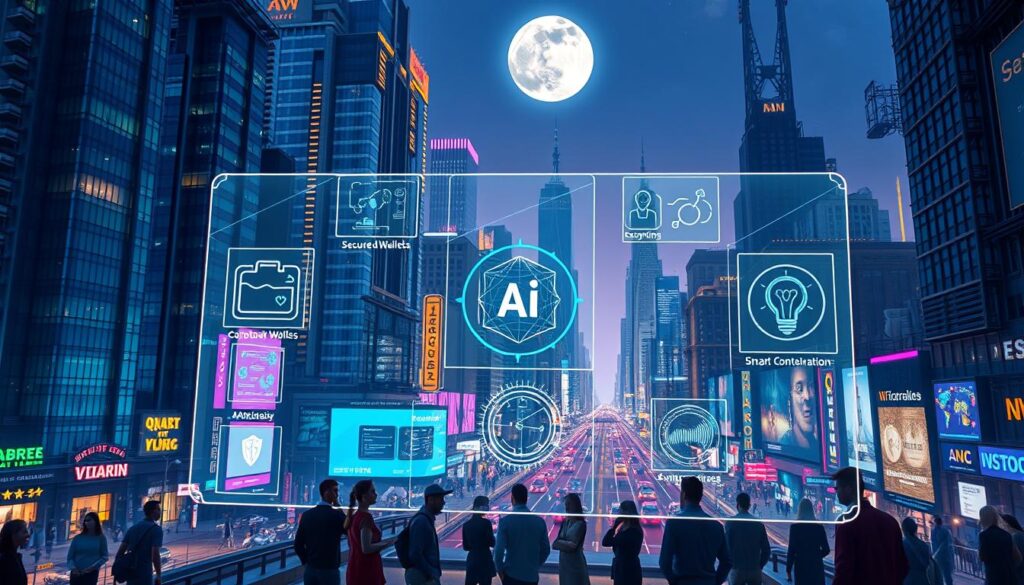 A futuristic cityscape with towering skyscrapers, neon-lit streets, and a vibrant, bustling atmosphere. In the foreground, a transparent holographic display showcases various AI-powered crypto applications, including secure digital wallets, decentralized finance platforms, and smart contract automation. The middle ground features a group of people interacting with these holographic interfaces, their expressions conveying a sense of wonder and engagement. In the background, a nighttime sky with a full moon casts a soft, ethereal glow over the entire scene, highlighting the advanced, technology-driven nature of the AI crypto ecosystem.