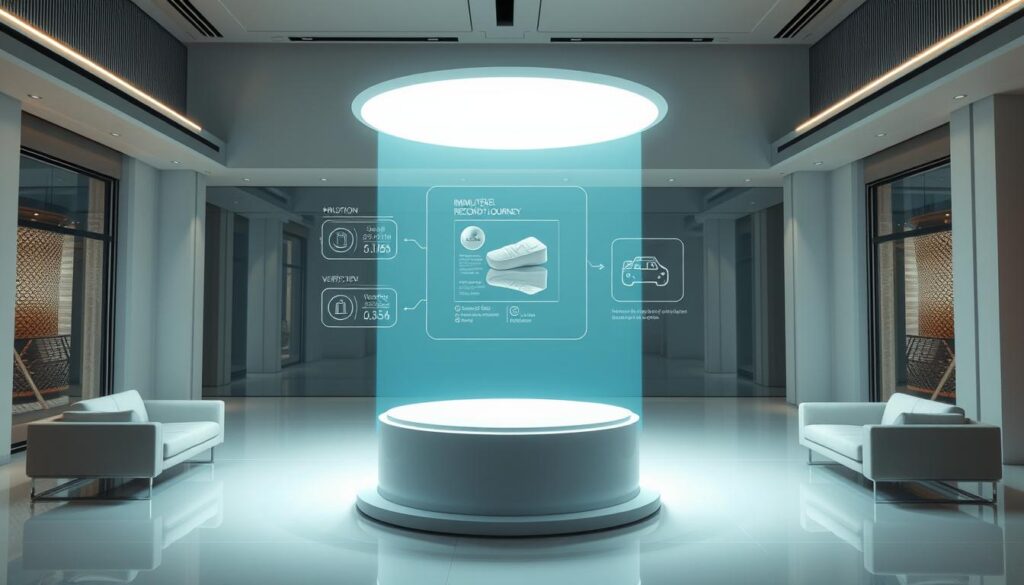 A futuristic, clean-lined interior with a holographic display showcasing the immutable record of a product's journey. Sleek, minimalist furniture and large windows create a sense of openness and transparency. Soft, diffused lighting illuminates a central podium where a 3D-rendered product hovers, its details and verification data projected onto the wall behind it. The scene conveys the reliability, security, and trustworthiness of the NFT certificate authenticity digital proof system. A futuristic, clean-lined interior with a holographic display showcasing the immutable record of a product's journey. Sleek, minimalist furniture and large windows create a sense of openness and transparency. Soft, diffused lighting illuminates a central podium where a 3D-rendered product hovers, its details and verification data projected onto the wall behind it. The scene conveys the reliability, security, and trustworthiness of the NFT certificate authenticity digital proof system.