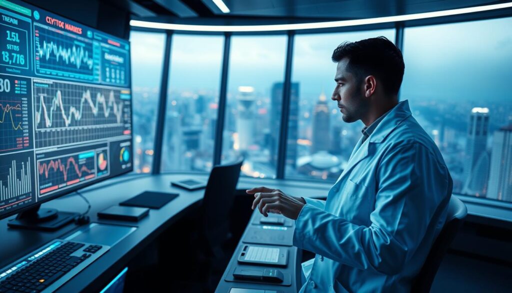 A futuristic control room with sleek, high-tech workstations. Holographic displays and interactive dashboards showcase real-time crypto market data and algorithmic trading insights. In the foreground, a data scientist in a crisp, white lab coat intently monitors a complex algorithmic model on their screen, fingers flying across a touchpad. The background is dimly lit, with a panoramic view of a bustling cityscape outside the floor-to-ceiling windows, symbolizing the global reach of AI-powered crypto trading. Soft, blue lighting bathes the scene, creating a sense of calm focus and technological prowess. A futuristic control room with sleek, high-tech workstations. Holographic displays and interactive dashboards showcase real-time crypto market data and algorithmic trading insights. In the foreground, a data scientist in a crisp, white lab coat intently monitors a complex algorithmic model on their screen, fingers flying across a touchpad. The background is dimly lit, with a panoramic view of a bustling cityscape outside the floor-to-ceiling windows, symbolizing the global reach of AI-powered crypto trading. Soft, blue lighting bathes the scene, creating a sense of calm focus and technological prowess.