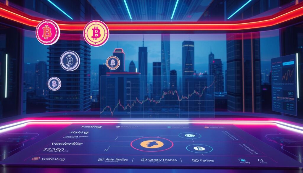 A futuristic crypto presale platform, illuminated by cool, neon-tinged lighting. In the foreground, sleek crypto token icons hover above a minimalist user interface, showcasing features like staking, vesting, and whitelisting. In the middle ground, a large cryptocurrency chart projects dynamic price movements and market trends. The background reveals a cityscape of towering skyscrapers, reflecting the cutting-edge technology powering this innovative presale platform. A futuristic crypto presale platform, illuminated by cool, neon-tinged lighting. In the foreground, sleek crypto token icons hover above a minimalist user interface, showcasing features like staking, vesting, and whitelisting. In the middle ground, a large cryptocurrency chart projects dynamic price movements and market trends. The background reveals a cityscape of towering skyscrapers, reflecting the cutting-edge technology powering this innovative presale platform.