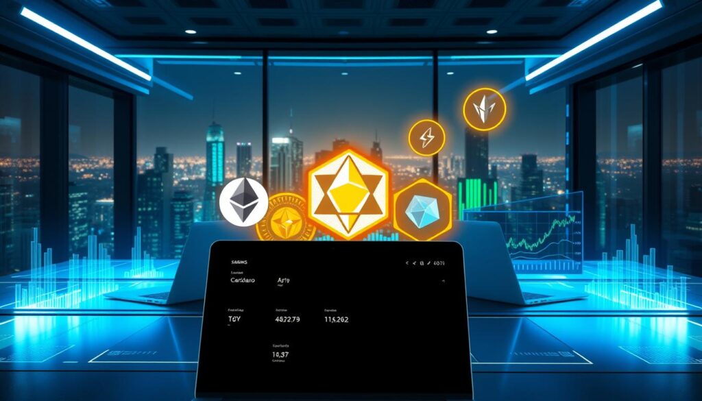 A futuristic cryptocurrency-themed workspace, showcasing prominent crypto assets for staking. In the foreground, a sleek digital display features several crypto tokens like Ethereum, Cardano, and Solana, artistically highlighted to represent their staking potential. In the middle ground, open laptops and technical charts depicting APY rates and staking yields are visible. The background includes a large window overlooking a high-tech cityscape, with ambient blue and green lighting, symbolizing innovation and growth. The overall atmosphere conveys a sense of ambition and opportunity in crypto investments. The scene is well-lit, with a focus on clarity and professionalism, evoking a mood of financial empowerment and informed decision-making. A futuristic cryptocurrency-themed workspace, showcasing prominent crypto assets for staking. In the foreground, a sleek digital display features several crypto tokens like Ethereum, Cardano, and Solana, artistically highlighted to represent their staking potential. In the middle ground, open laptops and technical charts depicting APY rates and staking yields are visible. The background includes a large window overlooking a high-tech cityscape, with ambient blue and green lighting, symbolizing innovation and growth. The overall atmosphere conveys a sense of ambition and opportunity in crypto investments. The scene is well-lit, with a focus on clarity and professionalism, evoking a mood of financial empowerment and informed decision-making.