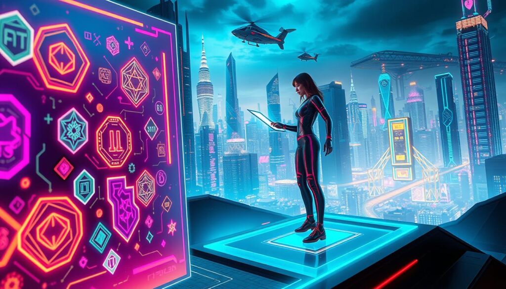 A futuristic, cyberpunk-inspired scene showcasing the emerging trends in NFT and crypto rewards. In the foreground, a holographic display features a vibrant array of geometric NFT designs, pulsing with digital energy. In the middle ground, a figure in a sleek, neon-accented outfit interacts with a floating, transparent interface, manipulating NFT tokens and cryptocurrency rewards. The background depicts a sprawling, neon-lit cityscape, with towering skyscrapers and hovercraft zipping through the air, creating an atmosphere of technological innovation and progress. Dramatic, high-contrast lighting casts dramatic shadows, adding depth and a sense of dynamism to the scene. The overall mood is one of excitement and anticipation, reflecting the rapid advancements and boundless potential of the NFT and crypto reward ecosystems. A futuristic, cyberpunk-inspired scene showcasing the emerging trends in NFT and crypto rewards. In the foreground, a holographic display features a vibrant array of geometric NFT designs, pulsing with digital energy. In the middle ground, a figure in a sleek, neon-accented outfit interacts with a floating, transparent interface, manipulating NFT tokens and cryptocurrency rewards. The background depicts a sprawling, neon-lit cityscape, with towering skyscrapers and hovercraft zipping through the air, creating an atmosphere of technological innovation and progress. Dramatic, high-contrast lighting casts dramatic shadows, adding depth and a sense of dynamism to the scene. The overall mood is one of excitement and anticipation, reflecting the rapid advancements and boundless potential of the NFT and crypto reward ecosystems.