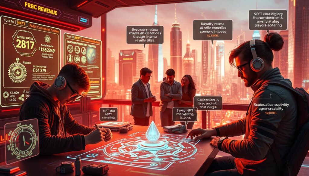A futuristic, cyberpunk-inspired scene showcasing various strategies for maximizing NFT revenue. In the foreground, a digital artist meticulously crafts an intricate NFT design, surrounded by holographic displays highlighting key metrics like royalty rates, secondary sales, and income projections. In the middle ground, a team of savvy NFT marketers and community managers collaborate, strategizing ways to drive demand and boost resale value. In the background, a vibrant cityscape of gleaming skyscrapers and neon-lit streets, representing the dynamic and evolving NFT ecosystem. Warm lighting casts a glow over the scene, conveying a sense of innovation, opportunity, and the promise of financial success in the burgeoning world of non-fungible tokens.