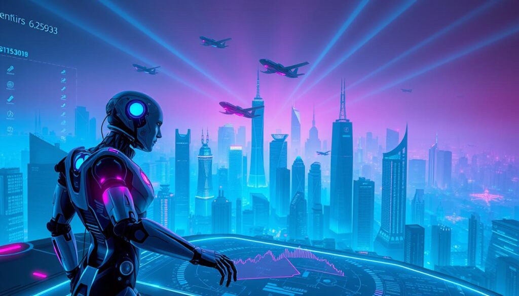 A futuristic cyberpunk scene depicting AI trading agents in a crypto-powered financial landscape. In the foreground, sleek humanoid AI bots with glowing circuit patterns navigate a holographic interface, their movements precise and calculated. In the middle ground, a network of interconnected digital screens displays real-time cryptocurrency data, graphs, and analytics. The background is a hazy, neon-lit cityscape with towering skyscrapers and swooping aerial vehicles, conveying a sense of technological advancement and global connectivity. The lighting is cool-toned, with rays of cyan and magenta illuminating the scene, creating an atmosphere of high-stakes, data-driven decision making. The camera angle is slightly elevated, allowing the viewer to survey the dynamic, AI-driven crypto trading ecosystem. A futuristic cyberpunk scene depicting AI trading agents in a crypto-powered financial landscape. In the foreground, sleek humanoid AI bots with glowing circuit patterns navigate a holographic interface, their movements precise and calculated. In the middle ground, a network of interconnected digital screens displays real-time cryptocurrency data, graphs, and analytics. The background is a hazy, neon-lit cityscape with towering skyscrapers and swooping aerial vehicles, conveying a sense of technological advancement and global connectivity. The lighting is cool-toned, with rays of cyan and magenta illuminating the scene, creating an atmosphere of high-stakes, data-driven decision making. The camera angle is slightly elevated, allowing the viewer to survey the dynamic, AI-driven crypto trading ecosystem.