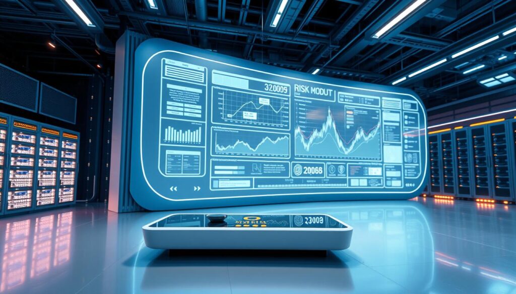 A futuristic data analysis workstation with holographic displays and advanced AI algorithms. In the foreground, a sleek, minimalist desk with a floating interface and a sophisticated biometric scanner. The middle ground features a large, curved, transparent display showing complex financial data and risk models. The background is a sleek, techno-industrial setting with panels of blinking lights, server racks, and futuristic architecture. The lighting is a combination of cool, blue-tinted ambient illumination and warm, task-focused spotlights, creating a sense of both efficiency and innovation. The overall mood is one of cutting-edge technology, data-driven decision making, and thoughtful risk assessment.