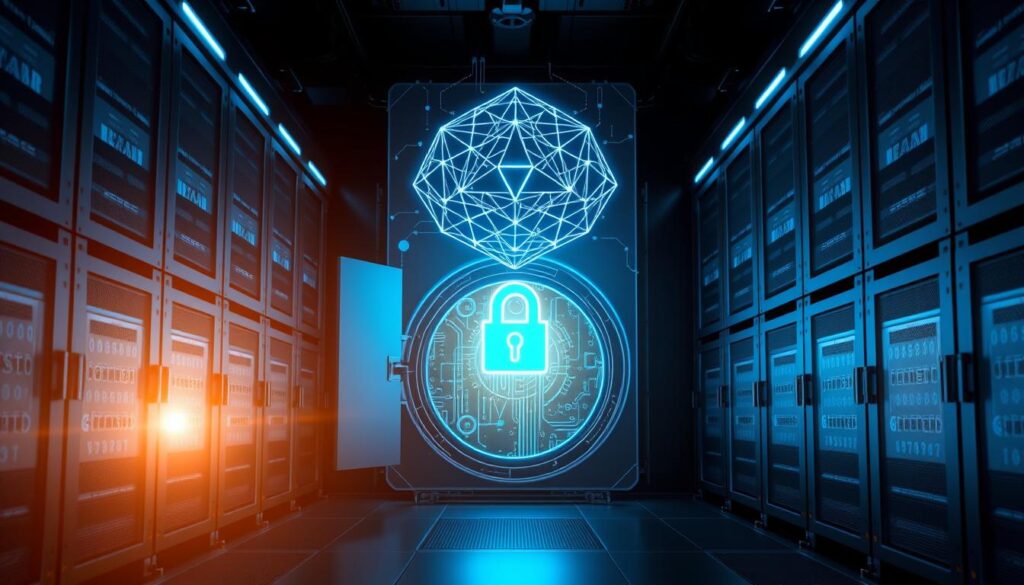 A futuristic data center with sleek servers and security panels, illuminated by cool blue lighting. In the foreground, a digital vault door opens to reveal a glowing, encrypted data core, symbolizing the secure heart of cryptocurrency transactions. Towering over the scene, a holographic display showcases a complex blockchain diagram, underscoring the advanced privacy-preserving algorithms at work. The atmosphere is one of cutting-edge technology, digital sanctity, and the uncompromising protection of sensitive financial information.
