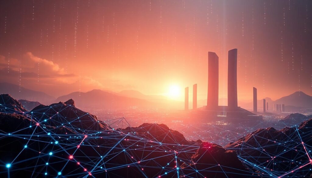 A futuristic, data-driven landscape showcasing the convergence of AI and blockchain technologies. In the foreground, an intricate web of interconnected nodes and algorithms visualizes predictive analytics, with data streams converging to form a consensus. The middle ground features towering blockchain-inspired structures, their angular geometries reflecting the scalability and optimization of the system. The background is bathed in a warm, ethereal glow, conveying a sense of innovation and progress. Dramatic lighting casts dynamic shadows, highlighting the complexity and dynamism of the AI-powered blockchain ecosystem. A futuristic, data-driven landscape showcasing the convergence of AI and blockchain technologies. In the foreground, an intricate web of interconnected nodes and algorithms visualizes predictive analytics, with data streams converging to form a consensus. The middle ground features towering blockchain-inspired structures, their angular geometries reflecting the scalability and optimization of the system. The background is bathed in a warm, ethereal glow, conveying a sense of innovation and progress. Dramatic lighting casts dynamic shadows, highlighting the complexity and dynamism of the AI-powered blockchain ecosystem.