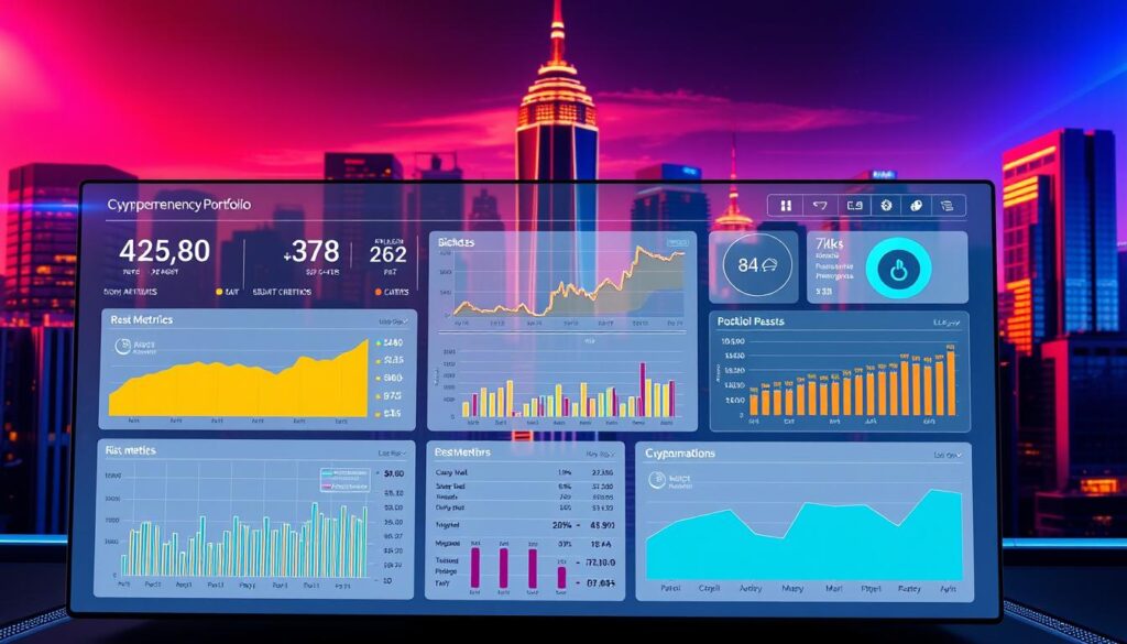 A futuristic data visualization dashboard displaying key analytical insights for a cryptocurrency portfolio. In the foreground, interactive charts and graphs showcasing asset performance, risk metrics, and portfolio optimization recommendations. The middle ground features a clean, minimalist interface with intuitive filtering and sorting controls. In the background, a dynamic cityscape backdrop with skyscrapers bathed in a warm, neon-infused glow, conveying a sense of technological innovation and financial progress. The lighting is crisp and directional, casting dramatic shadows that accentuate the dashboard's sleek, modern design. The camera angle is slightly elevated, offering an immersive, bird's-eye perspective of the comprehensive portfolio analysis tools.