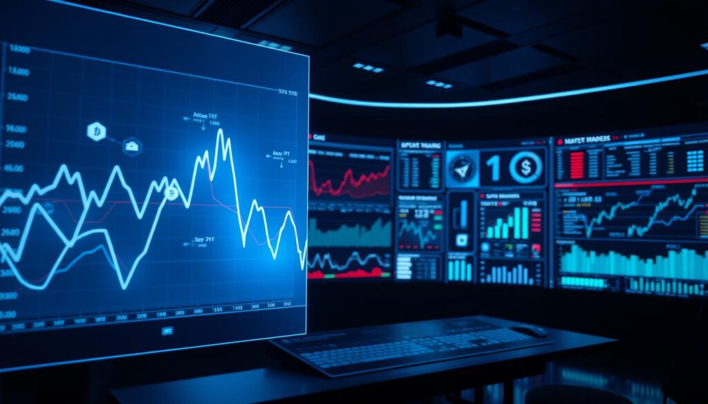 A futuristic data visualization dashboard displaying real-time cryptocurrency trading analytics. In the foreground, a 3D holographic graph animates the fluctuations of various digital currencies, the lines ebbing and flowing with algorithmic precision. In the middle ground, sleek information panels showcase detailed market data, metrics, and predictive forecasting models. The background depicts a dimly lit control room, with large flatscreen monitors casting a cool, bluish glow over the scene. Subtle ambient lighting casts dramatic shadows, creating a sense of technological sophistication and analytical depth. The overall atmosphere conveys the power of data-driven decision making in the fast-paced world of cryptocurrency trading.