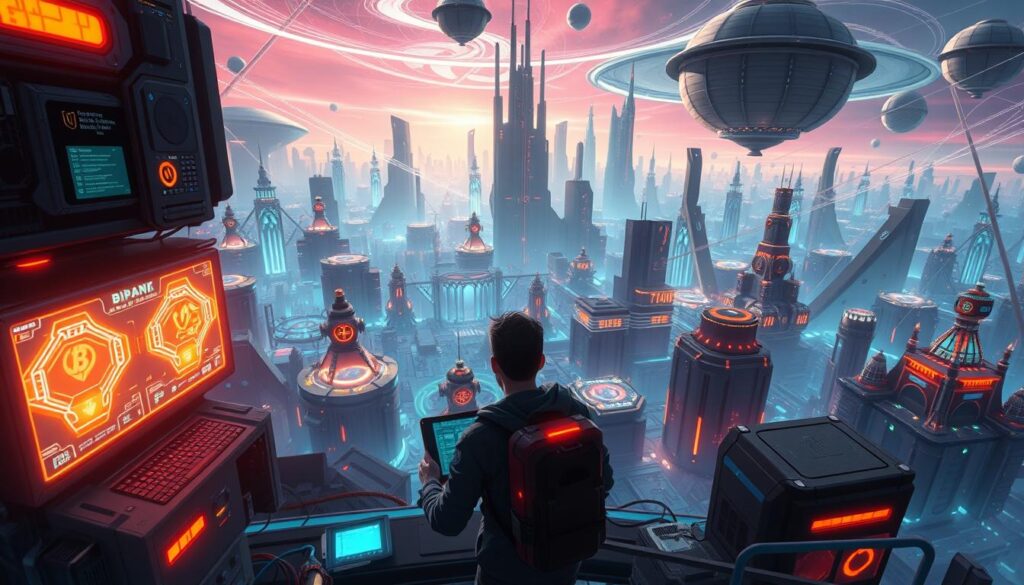 A futuristic, detailed illustration of an NFT mining game environment. In the foreground, a player character operates a mining rig, surrounded by glowing, holographic user interfaces. The middle ground features a sprawling, neon-infused landscape of blockchain-inspired structures and interconnected nodes. The background showcases a vast, sci-fi cityscape with towering skyscrapers, floating platforms, and swirling energy fields. Dramatic lighting casts an otherworldly glow, evoking a sense of technological wonder and the potential of decentralized gaming economies. The scene conveys the complex, immersive nature of NFT mining games that reward players with real cryptocurrency. A futuristic, detailed illustration of an NFT mining game environment. In the foreground, a player character operates a mining rig, surrounded by glowing, holographic user interfaces. The middle ground features a sprawling, neon-infused landscape of blockchain-inspired structures and interconnected nodes. The background showcases a vast, sci-fi cityscape with towering skyscrapers, floating platforms, and swirling energy fields. Dramatic lighting casts an otherworldly glow, evoking a sense of technological wonder and the potential of decentralized gaming economies. The scene conveys the complex, immersive nature of NFT mining games that reward players with real cryptocurrency.