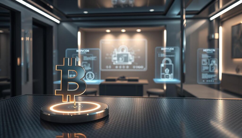 A futuristic digital interface showcasing a luxurious authentication process for high-end products. In the foreground, a sleek, metallic blockchain symbol hovers over a textured surface, emanating a soft glow. In the middle ground, holographic projections display intricate product details and security features. The background features a minimalist, chrome-accented environment with discreet lighting, conveying a sense of exclusivity and technological sophistication. The overall atmosphere is one of streamlined elegance, where cutting-edge blockchain technology seamlessly integrates with the world of luxury goods.