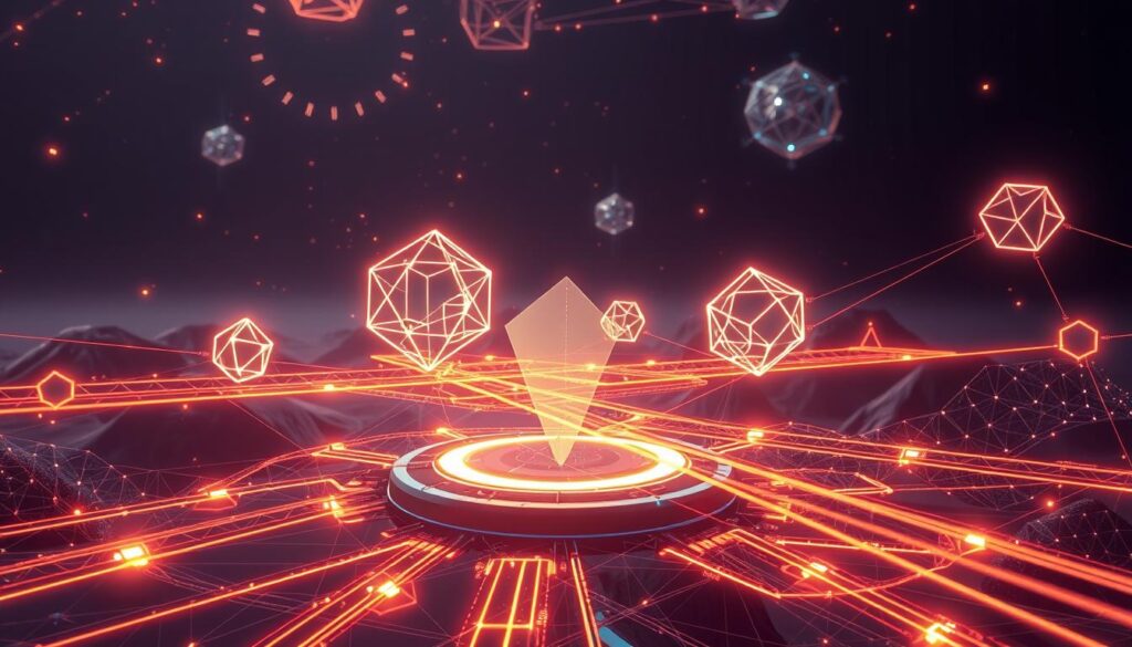 A futuristic digital landscape featuring a central platform where various blockchain networks, represented by abstract geometric shapes, converge. Holographic bridges extend between these networks, facilitating the seamless transfer of digital assets, including non-fungible tokens (NFTs). The scene is bathed in a warm, neon-infused glow, creating an atmosphere of technological innovation and interconnectivity. Intricate lines and wireframe structures suggest the advanced nature of the NFT bridging tools, while a sense of depth and scale conveys the expansive potential of this cross-chain ecosystem.