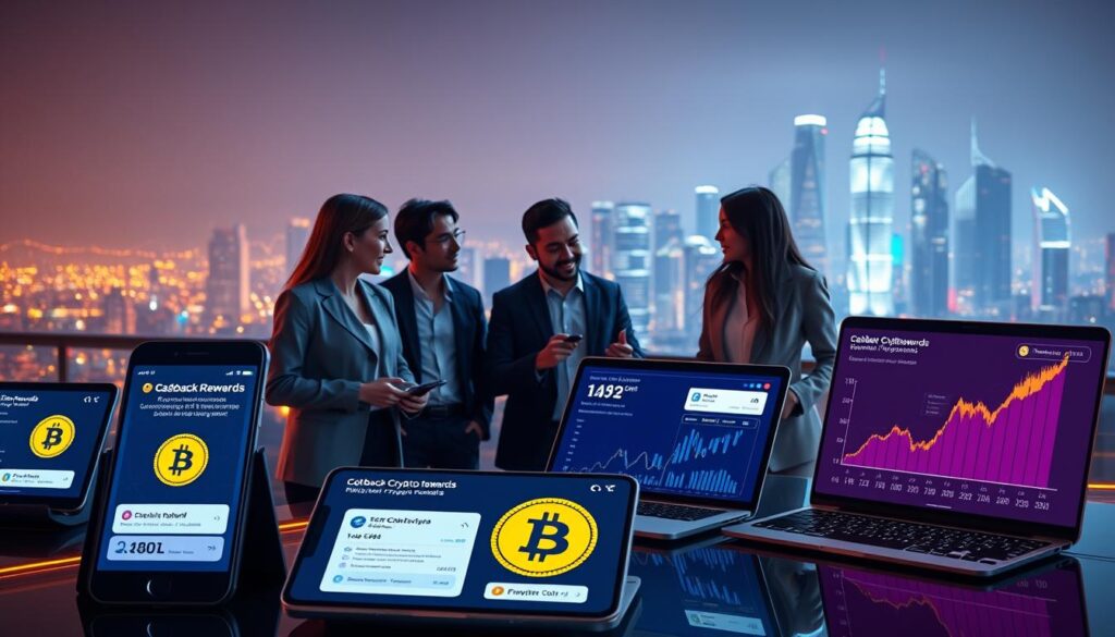 A futuristic digital landscape showcasing various cashback crypto platforms. In the foreground, sleek and modern devices like smartphones and laptops display colorful interfaces featuring Bitcoin rewards and transaction notifications. In the middle, a group of diverse professionals, dressed in smart casual attire, engage in discussion while analyzing charts and graphs that symbolize growth in cryptocurrency rewards. The background features a vibrant city skyline illuminated by neon lights, representing the tech-savvy world of crypto finance. Soft, ambient lighting creates an optimistic atmosphere, emphasizing the ease of earning rewards without investment. The image captures the essence of innovation and financial opportunities within the digital currency space.