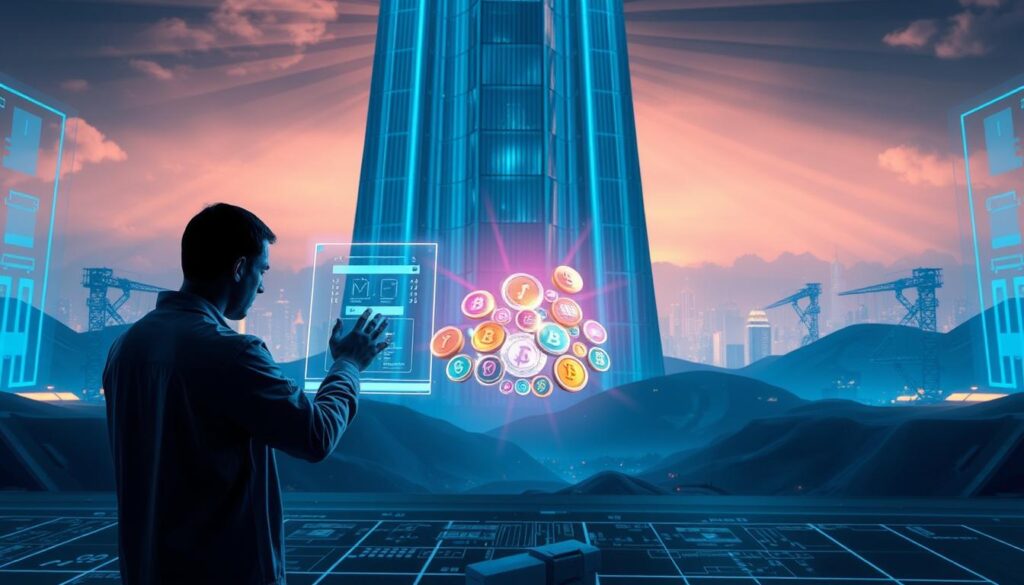 A futuristic, digital landscape with a central focus on the NFT staking process. In the foreground, a user interacts with a sleek, holographic interface, seamlessly staking their NFTs. The middle ground features a cluster of vibrant, pulsing crypto tokens, reflecting the rewards earned from the staking. In the background, a towering, glass-like skyscraper backdrop evokes a modern, decentralized finance setting, with rays of warm, ambient lighting casting a serene glow. The scene conveys a sense of seamless integration, technological advancement, and the potential rewards of engaging in the DeFi ecosystem through NFT staking.