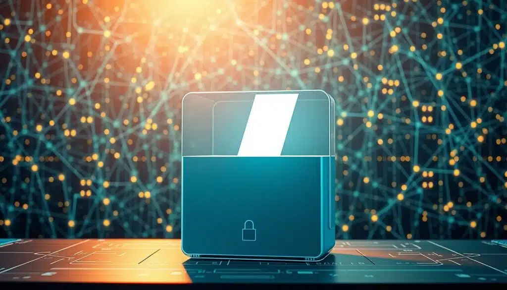 A futuristic digital voting system, secured by blockchain technology. The voting interface displays a clean, intuitive user experience with encryption and tamper-proof records. In the background, a distributed network of nodes verifies and validates each vote, ensuring transparency and integrity. Ambient lighting casts a warm, reassuring glow, conveying a sense of confidence in the democratic process. The composition emphasizes the seamless integration of cutting-edge technology with the fundamental right to vote, creating a vision of secure, efficient, and trustworthy elections.