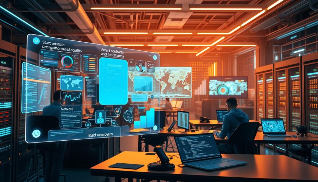 A futuristic digital workspace with an array of blockchain development tools and interfaces. In the foreground, a sleek holographic display showcases smart contracts, transaction flows, and network analytics. In the middle ground, developers collaborate at standing desks, coding and debugging on cutting-edge laptops. The background is a neon-lit, high-tech landscape of server racks, node visualization, and blockchain network visualizations. Warm, focused lighting illuminates the scene, creating a sense of productivity and innovation. The mood is one of technical mastery, as the developers harness the power of the blockchain mainnet to build the future.