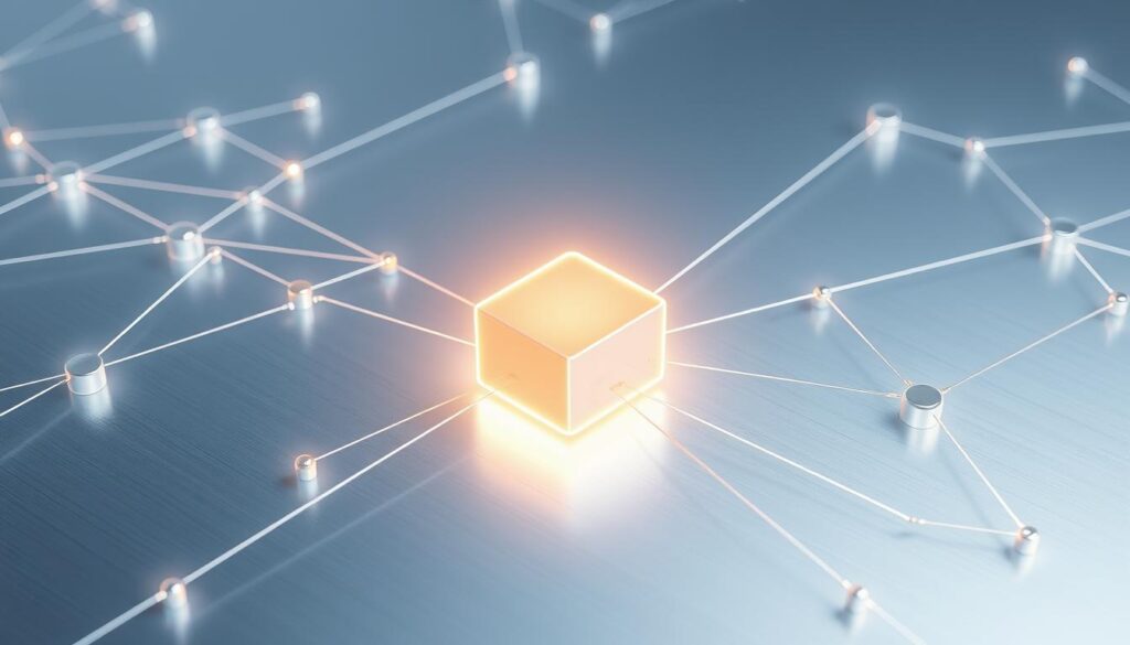 A futuristic, energy-efficient proof-of-stake mechanism rendered in a sleek, minimalist style. In the foreground, a central node pulses with a soft, glowing light, representing the efficient, low-energy consensus process. Surrounding it, a network of interconnected nodes and pathways, each shimmering with a subtle, iridescent sheen, symbolizing the secure and decentralized nature of the system. The background is a clean, metallic surface, reflecting the advanced, technological nature of the mechanism. The overall composition conveys a sense of balance, efficiency, and innovation, aligning with the benefits of using proof-of-stake in blockchain systems.