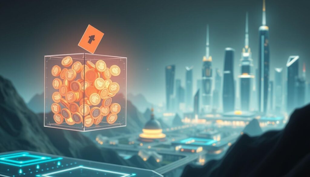 A futuristic, ethereal scene depicting token-based voting in blockchain governance. In the foreground, a transparent ballot box hovers, filled with glowing, floating tokens representing individual votes. The middle ground features a blockchain-inspired landscape with geometric structures, holographic interfaces, and a sense of digital fluidity. In the background, a cityscape of towering, sleek buildings illuminates the scene with a soft, ambient glow. The lighting is subtle and atmospheric, creating a sense of technological sophistication and democratic participation. The overall mood is one of innovation, transparency, and the seamless integration of blockchain technology into the fabric of society.