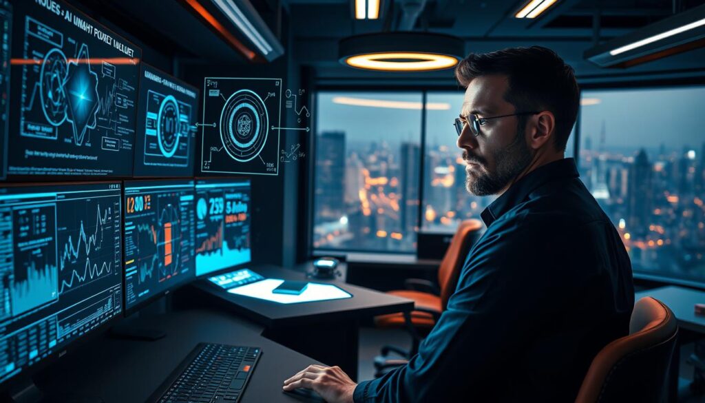A futuristic financial lab, dimly lit with warm tones. In the foreground, a data analyst scrutinizes complex AI models on multiple screens, brows furrowed in concentration. Floating holographic displays showcase intricate algorithms, graphs, and formulas, hinting at the challenges of accurately valuing AI-powered assets. The middle ground features a sleek, angular desk with sophisticated equipment, symbolizing the advanced technology driving these valuation models. In the background, a panoramic window reveals a bustling cityscape, underscoring the real-world implications of these computational efforts. An aura of contemplation and technical complexity permeates the scene, capturing the essence of the "Challenges in AI-Powered Valuation Models and Practical Solutions" section. A futuristic financial lab, dimly lit with warm tones. In the foreground, a data analyst scrutinizes complex AI models on multiple screens, brows furrowed in concentration. Floating holographic displays showcase intricate algorithms, graphs, and formulas, hinting at the challenges of accurately valuing AI-powered assets. The middle ground features a sleek, angular desk with sophisticated equipment, symbolizing the advanced technology driving these valuation models. In the background, a panoramic window reveals a bustling cityscape, underscoring the real-world implications of these computational efforts. An aura of contemplation and technical complexity permeates the scene, capturing the essence of the "Challenges in AI-Powered Valuation Models and Practical Solutions" section.