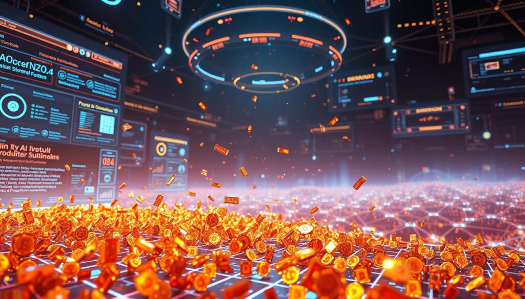 A futuristic fractional NFT ecosystem, illuminated by holographic projections and dynamic data visualizations. In the foreground, a swarm of miniature NFT tokens float and interact, representing the fractionalized ownership. The middle ground showcases a modular, interconnected platform with customizable dashboards, AI-powered analytics, and seamless cross-chain integration. The background depicts a vast, ethereal landscape of blockchain networks, digital marketplaces, and decentralized applications, all converging to enable this innovative, shared-ownership future. Warm, vibrant lighting casts an optimistic glow, while a sense of depth and movement conveys the dynamism of this evolving ecosystem.