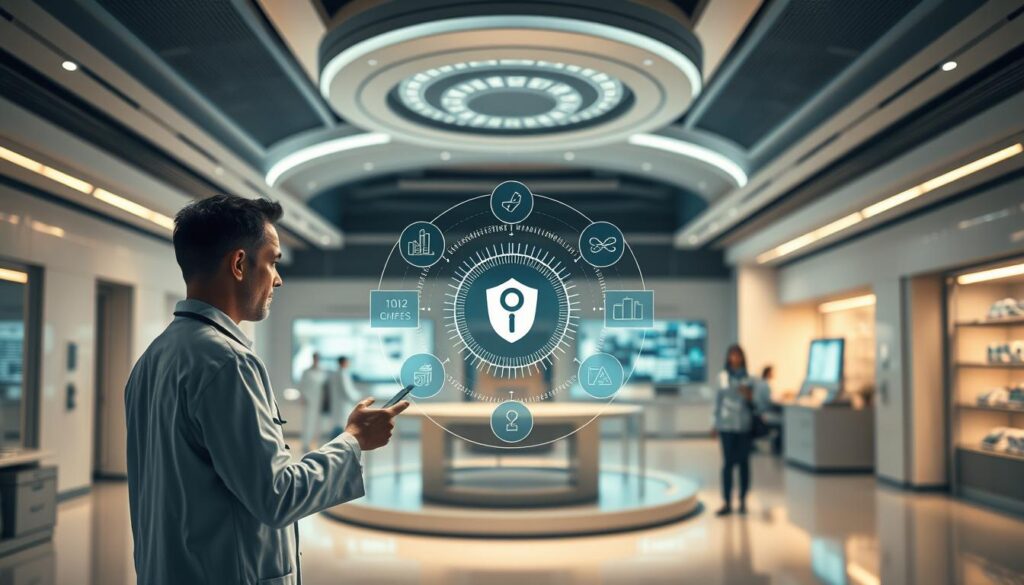 A futuristic healthcare facility with a central hub displaying various blockchain-based applications. In the foreground, a doctor interacts with a holographic interface showcasing secure patient data sharing and medical record management. The middle ground features researchers analyzing complex datasets, while the background depicts a serene, technology-infused environment with glowing screens and minimalist architecture. Soft, ambient lighting creates a calming, efficient atmosphere. The scene conveys the seamless integration of blockchain technology into the healthcare landscape, highlighting its potential for secure, collaborative data management.