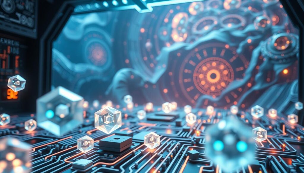 A futuristic, highly detailed, photorealistic image depicting the inner workings of a quantum computing system. In the foreground, several glowing, translucent qubits representing the fundamental building blocks of quantum computation float in a serene, ethereal state of superposition. The middle ground features a complex arrangement of quantum circuit elements, such as logic gates and entanglement channels, all bathed in a soft, ambient light. In the background, a vast, enigmatic quantum landscape unfolds, with fractals, wormholes, and other quantum phenomena creating a mesmerizing, otherworldly atmosphere. The overall composition conveys the awe-inspiring, mind-bending nature of quantum computing and its potential to revolutionize technology. A futuristic, highly detailed, photorealistic image depicting the inner workings of a quantum computing system. In the foreground, several glowing, translucent qubits representing the fundamental building blocks of quantum computation float in a serene, ethereal state of superposition. The middle ground features a complex arrangement of quantum circuit elements, such as logic gates and entanglement channels, all bathed in a soft, ambient light. In the background, a vast, enigmatic quantum landscape unfolds, with fractals, wormholes, and other quantum phenomena creating a mesmerizing, otherworldly atmosphere. The overall composition conveys the awe-inspiring, mind-bending nature of quantum computing and its potential to revolutionize technology.