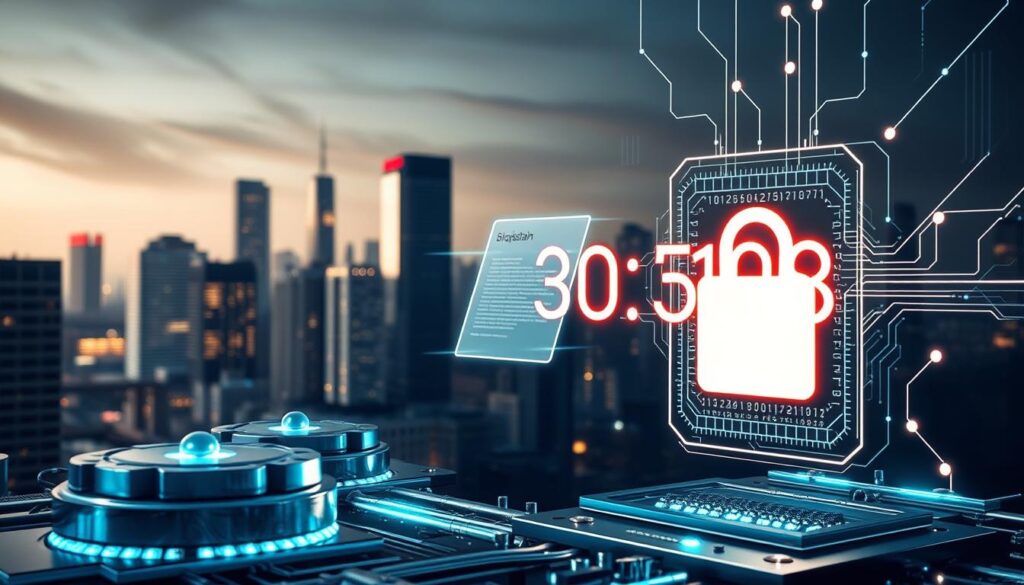 A futuristic, holographic blockchain interface displays a digital timestamp, symbolizing the immutable record of intellectual property rights. The foreground features sleek, metallic blockchain nodes, their intricate circuitry pulsing with energy. In the middle ground, a translucent, floating document hovers, its contents secured by the blockchain's cryptographic safeguards. The background showcases a cityscape of gleaming skyscrapers, hinting at the global reach and applicability of this revolutionary technology. Dramatic lighting casts dramatic shadows, conveying a sense of power and technological prowess. The overall scene evokes a vision of a secure, decentralized future for intellectual property protection.