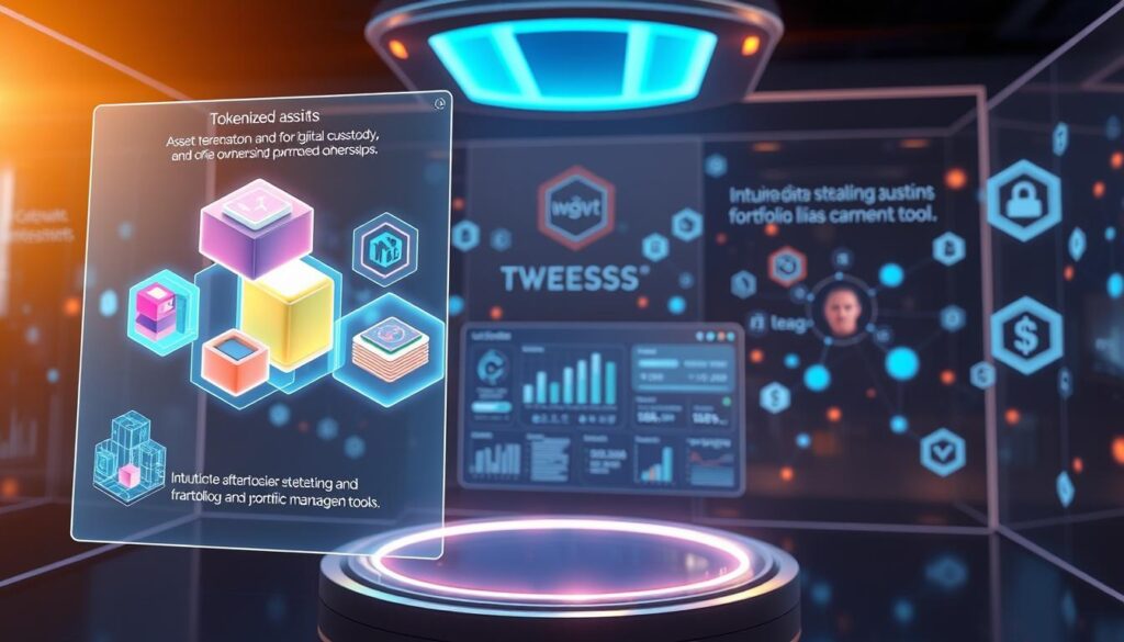 A futuristic holographic display showcasing the key features and benefits of tokenized assets. In the foreground, vibrant 3D visualizations of asset tokenization, digital custody, and fractional ownership float effortlessly. The middle ground depicts a sleek, minimalist user interface with intuitive data analytics and portfolio management tools. In the background, a backdrop of floating blockchain nodes and cryptographic hashes convey the secure, decentralized nature of the platform. The scene is illuminated by a soft, directional light source, casting a warm, inviting glow and a sense of technological sophistication. A futuristic holographic display showcasing the key features and benefits of tokenized assets. In the foreground, vibrant 3D visualizations of asset tokenization, digital custody, and fractional ownership float effortlessly. The middle ground depicts a sleek, minimalist user interface with intuitive data analytics and portfolio management tools. In the background, a backdrop of floating blockchain nodes and cryptographic hashes convey the secure, decentralized nature of the platform. The scene is illuminated by a soft, directional light source, casting a warm, inviting glow and a sense of technological sophistication.