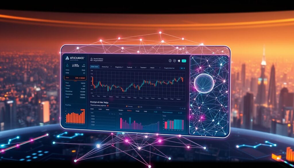 A futuristic, holographic interface showcasing an intricate decentralized exchange aggregator platform. In the foreground, a sleek, minimalist dashboard displays real-time trading data, order book analytics, and asset performance metrics. Surrounding it, a network of interconnected nodes and pathways represent the decentralized architecture, glowing with vivid, neon-like hues. In the background, a vast, ethereal cityscape stretches out, hinting at the global reach and interconnectivity of this AI-driven financial technology. The scene is illuminated by a warm, diffused lighting, creating a sense of technological sophistication and innovation.
