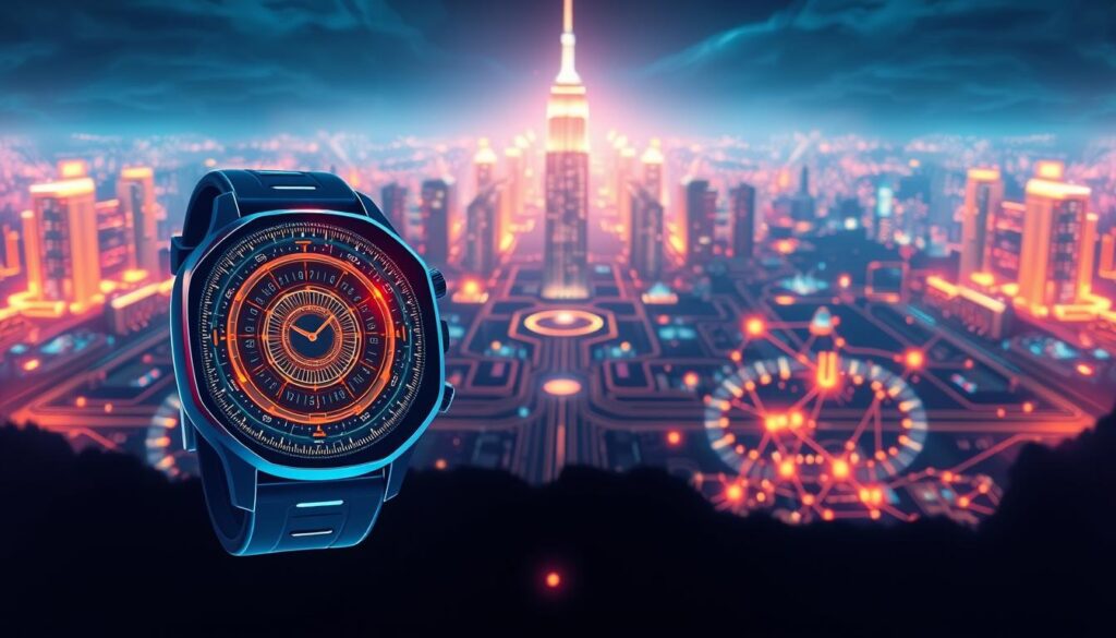A futuristic illustration depicting the inner workings of a "watch-to-earn" platform's reward mechanisms. In the foreground, a stylized wearable watch device glows with an intricate, holographic user interface. The middle ground features a series of interconnected circuits, nodes, and data visualizations, representing the platform's algorithms and reward distribution systems. In the background, a vast, luminescent cityscape sets the scene, suggesting the scale and complexity of the underlying blockchain infrastructure. The lighting is a mix of cool, neon-like tones and warm, incandescent hues, creating a sense of technological sophistication and innovation. The overall mood is one of sleek, futuristic design and the seamless integration of human-computer interaction.