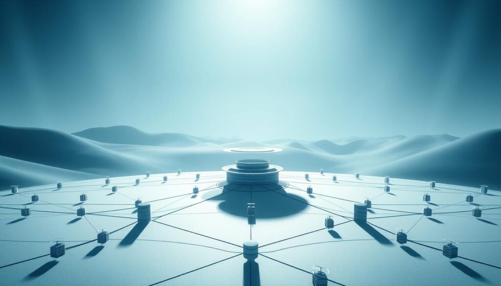 A futuristic illustration of a consortium blockchain architecture. In the foreground, a network of interconnected nodes representing various organizations, each with its own secure access point. In the middle ground, a central validation layer where consensus is achieved through a distributed, decentralized process. In the background, a serene, minimalist landscape with a soft, cool-toned palette, conveying the stability and reliability of the blockchain system. Dramatic lighting casts long shadows, highlighting the technical complexity of the network. The overall mood is one of innovation, collaboration, and trust in the distributed ledger technology.