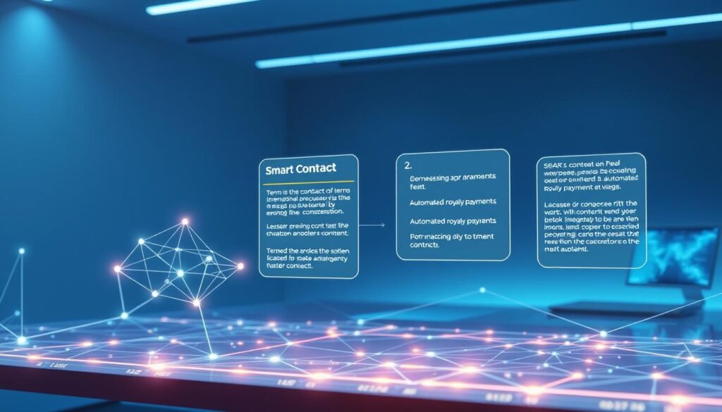 A futuristic interface displaying a network of interconnected smart contracts, their terms and conditions automatically executing transactions. The foreground showcases a stylized visual representation of blockchain technology, with geometric shapes and lines pulsing with digital energy. The middle ground features contract details materializing in holographic projections, highlighting key components like licensing parameters and automated royalty payments. The background depicts a sleek, minimalist workspace, bathed in a cool, blue-hued lighting that evokes a sense of technological sophistication. The overall atmosphere conveys the efficiency, precision, and elegance of blockchain-powered intellectual property management. A futuristic interface displaying a network of interconnected smart contracts, their terms and conditions automatically executing transactions. The foreground showcases a stylized visual representation of blockchain technology, with geometric shapes and lines pulsing with digital energy. The middle ground features contract details materializing in holographic projections, highlighting key components like licensing parameters and automated royalty payments. The background depicts a sleek, minimalist workspace, bathed in a cool, blue-hued lighting that evokes a sense of technological sophistication. The overall atmosphere conveys the efficiency, precision, and elegance of blockchain-powered intellectual property management.