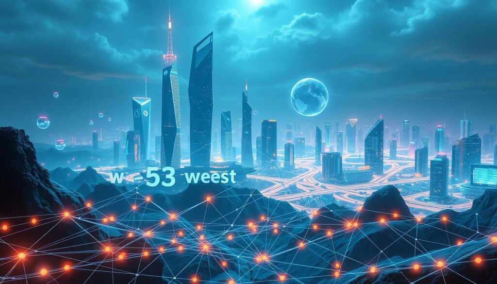 A futuristic landscape depicting the decentralized web3 ecosystem. In the foreground, a web of interconnected nodes and decentralized applications represent the decentralized infrastructure. In the middle ground, towering blockchain-powered skyscrapers and decentralized data centers symbolize the new digital economy. In the background, a vibrant, neon-lit cityscape with floating holograms and autonomous vehicles showcases the integration of web3 technologies into everyday life. The scene is bathed in a cool, ethereal light, conveying a sense of technological wonder and the dawn of a new era of digital empowerment.