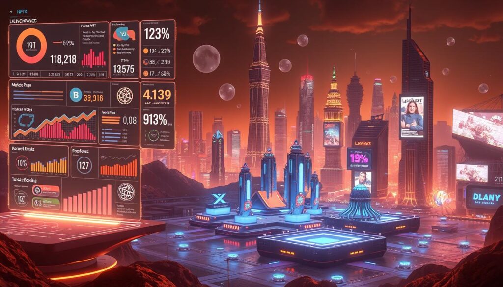 A futuristic landscape showcasing the evolving ecosystem of NFT launchpads in 2025. In the foreground, a sleek, holographic interface displays various NFT projects, their metrics, and launch timelines. Floating above are data visualizations, charts, and statistics highlighting market trends and insights. The middle ground features a cluster of dynamic, modular launchpad platforms, each with distinctive architectures and branding. In the background, a cityscape of towering, neon-lit skyscrapers, with holographic billboards advertising the latest NFT drops. The scene is bathed in a warm, glowing light, conveying a sense of innovation, progress, and the rapid pace of the NFT industry.